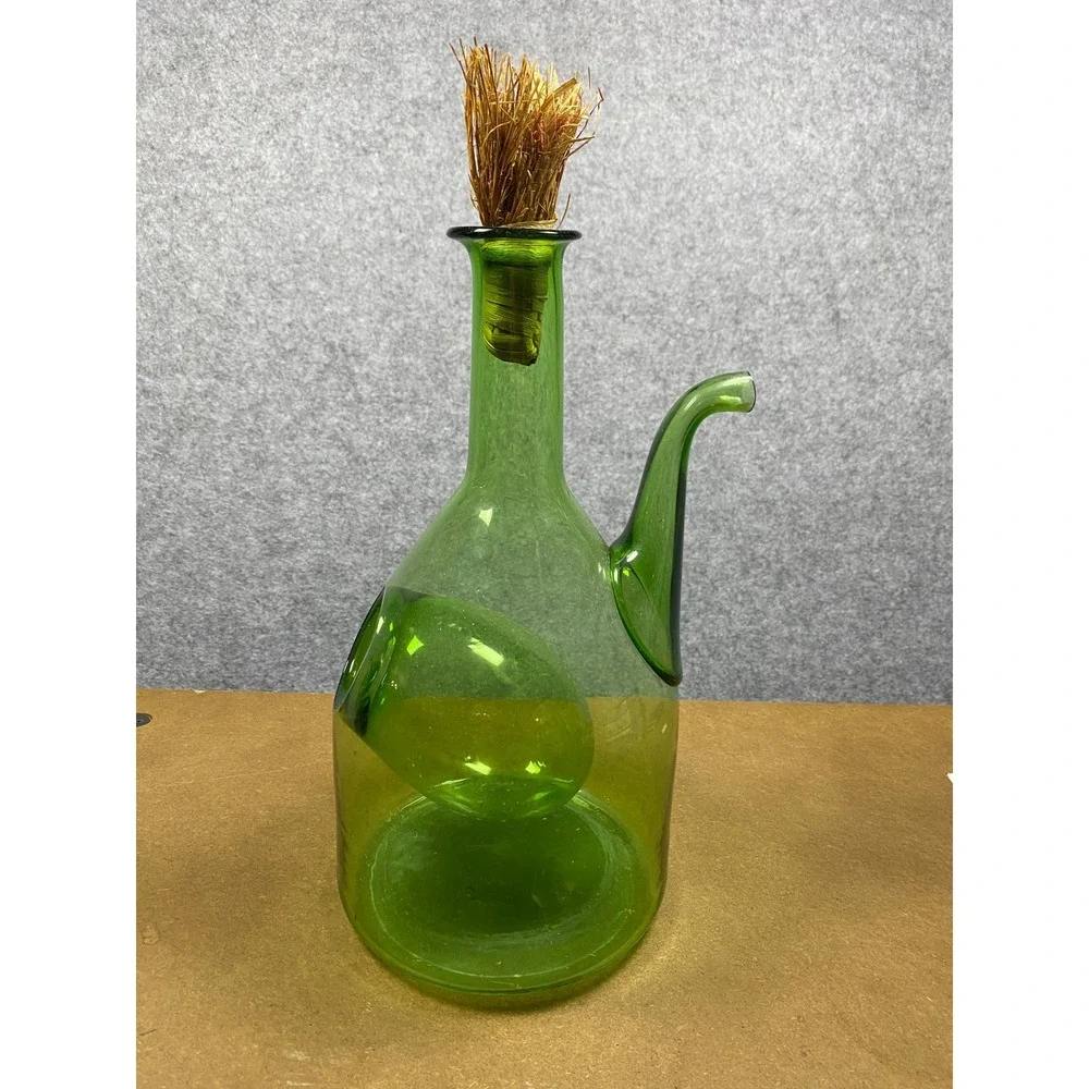 Vintage Green Hand Blown Glass Wine Decanter Porron with Ice Chamber and Stopper